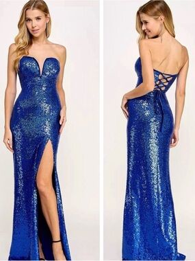 Honey and Rosie Strapless Deep V-Neck Sequin Long Dress in Cobalt Blue, Size XL